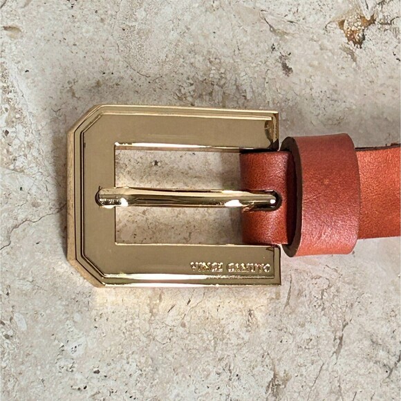 Vince Camuto Skinny Belt Tan Brown Faux Vegan Leather Blue Tapestry Inset - Picture 4 of 11